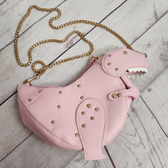 Handbags - Pink Dinosaur Crossbody Bag with Gold Chain Strap
